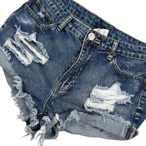 Litz Jorts Jean Denim Cut Off Shorts Distressed USA‎ Made Festival Classic Sz M